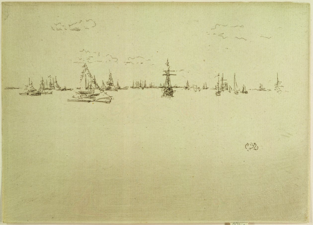 Turret Ship, 12 etsauksen sarjasta "The Naval Review", 1887 tekijältä James Abbott McNeill Whistler