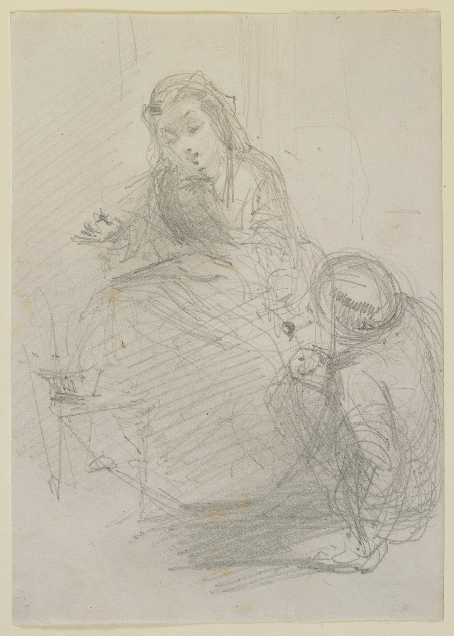 Kaksi hahmoa: istuva tyttö ja mies maassa hänen vasemmalla puolellaan, noin 1855-59 (lyijykynä luonnonvalkoiselle paperille). tekijältä James Abbott McNeill Whistler