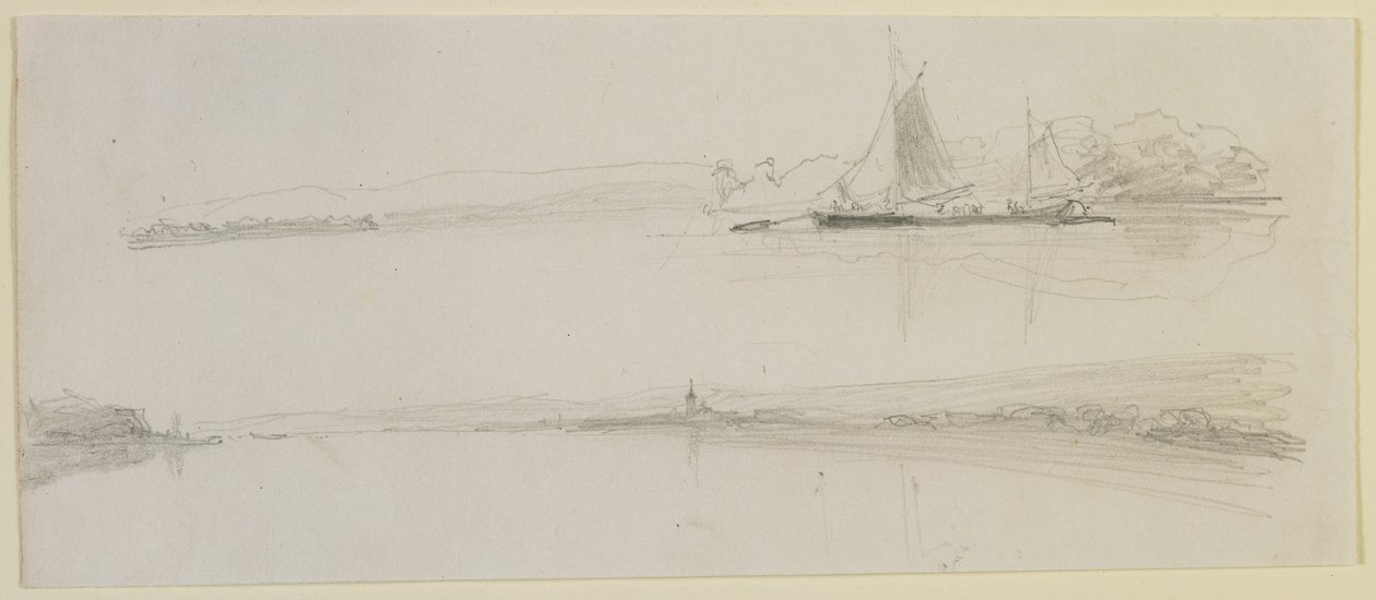 Kaksi kohtausta joen varrella, 1858 (kynä luonnonvalkoisella kudottupaperilla) tekijältä James Abbott McNeill Whistler