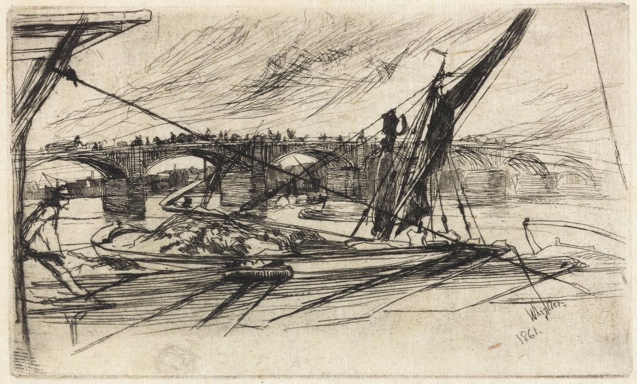 Vauxhall Bridge, 1861 (etsaus, musta hiilimuste japanilaiselle paperille) tekijältä James Abbott McNeill Whistler