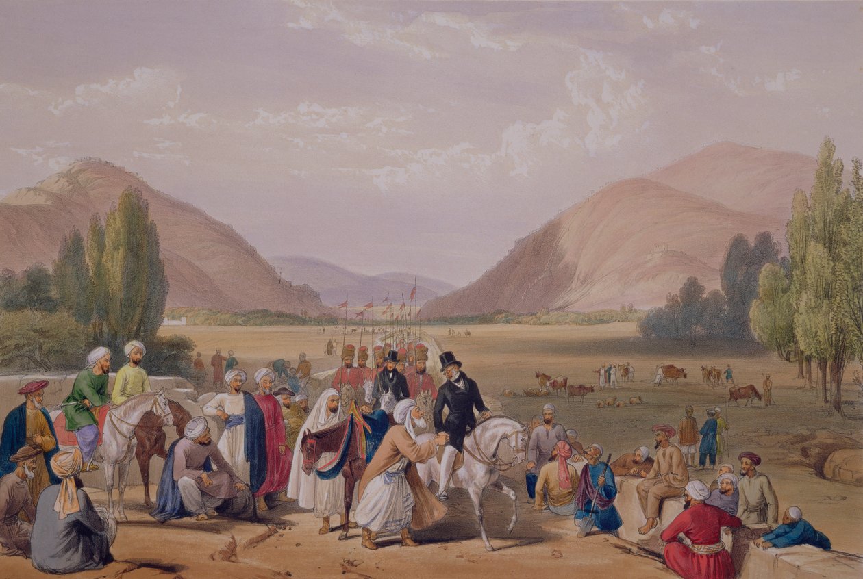 Sisäänkäynti Caubuliin Killa-Kazeesta, kirjasta "Sketches in Afghaunistan", kaiverrus Charles Haghe (1810-88) ja Louis Haghe (1806-85), julkaisija Henry Graves, 1842 tekijältä James Atkinson