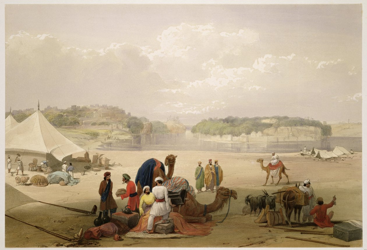 Roreen kaupunki ja Bhukkerin linnoitus Indus-joen varrella julkaisusta "Sketches in Afghanistan", kaiverrus Charles Haghe (1810-88) ja Louis Haghe (1806-85), julkaisija Henry Graves, 1842 (väri li tekijältä James Atkinson