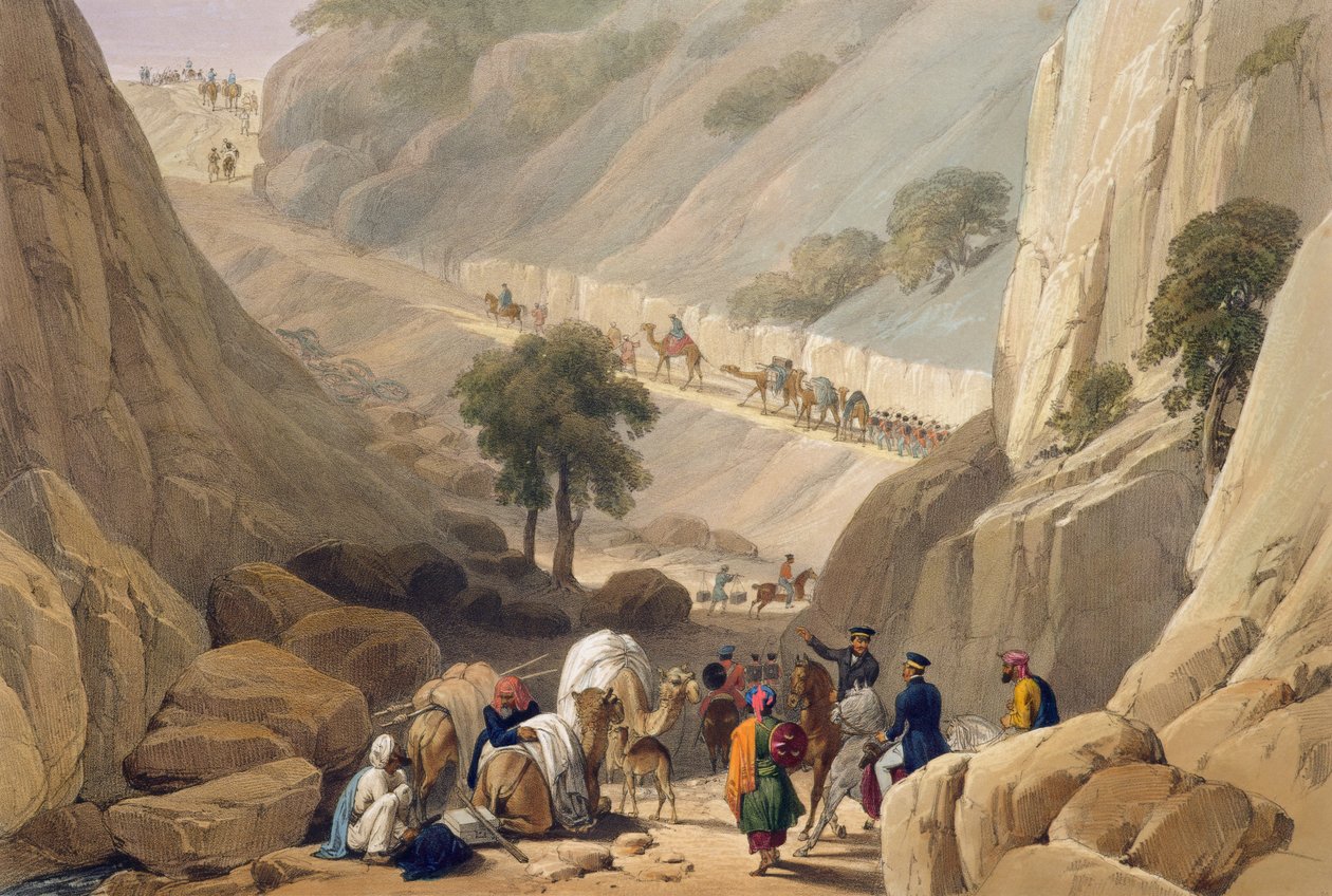 Koojahin solan saastan kapeasta osasta nousevat joukot julkaisusta "Sketches in Afghanistan", kaiverrus Charles Haghe (1810-88) ja Louis Haghe (1806-85), julkaisija Henry Graves, 18 tekijältä James Atkinson