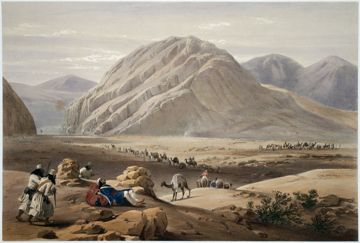 Näkymä Baba-Naunee-vuorelle, "Sketches in Afghaunistan", kaiverrus Charles Haghe (1810-88) ja Louis Haghe (1806-85), julkaisija Henry Graves, 1842 tekijältä James Atkinson