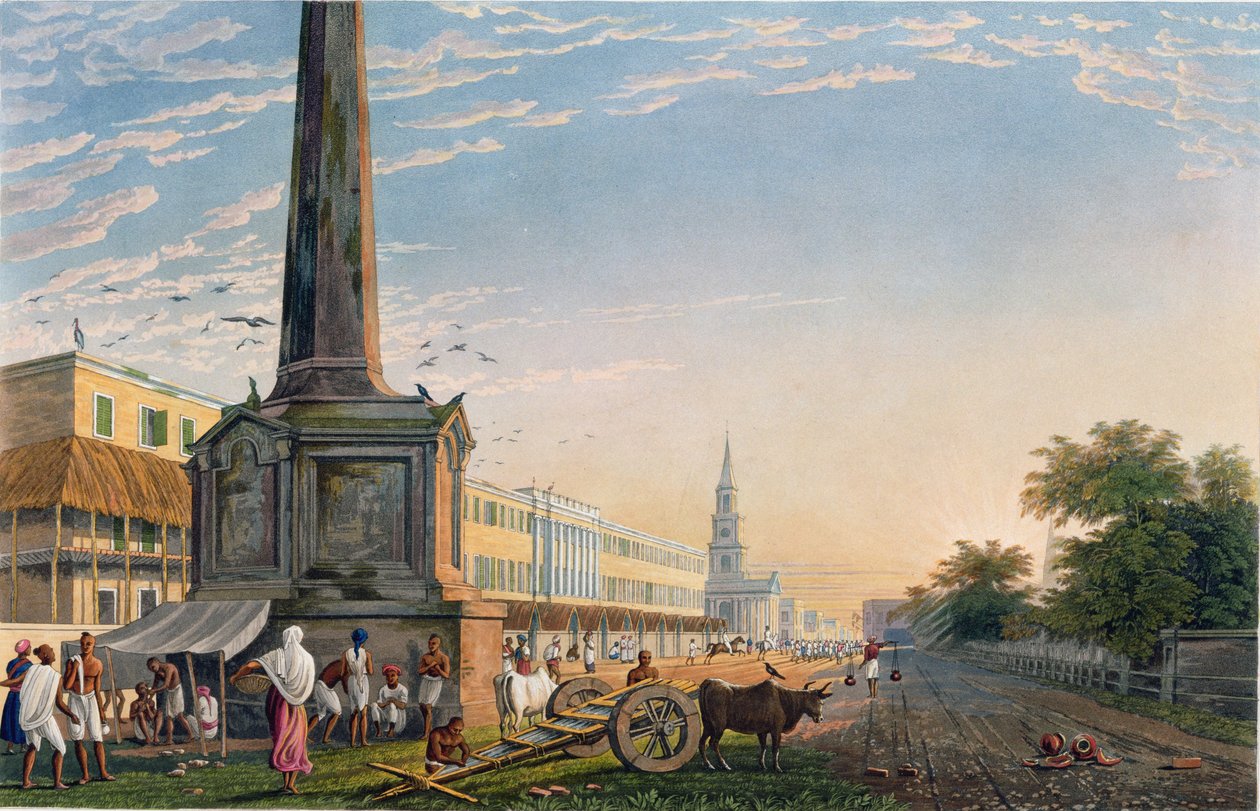 Näkymä kirjailijoiden rakennuksista West Endin muistomerkistä, levy 2 teoksesta "Näkymät Kalkuttaan ja sen ympäristöön", kaivertanut Robert Havell (1793-1878), julkaistu 1824 (käsinvärinen akvatinta) tekijältä James Baillie Fraser