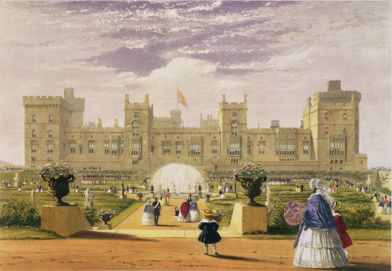 Linnan ja puutarhan itänäkymä, Windsorin linna, 1838 tekijältä James Baker Pyne