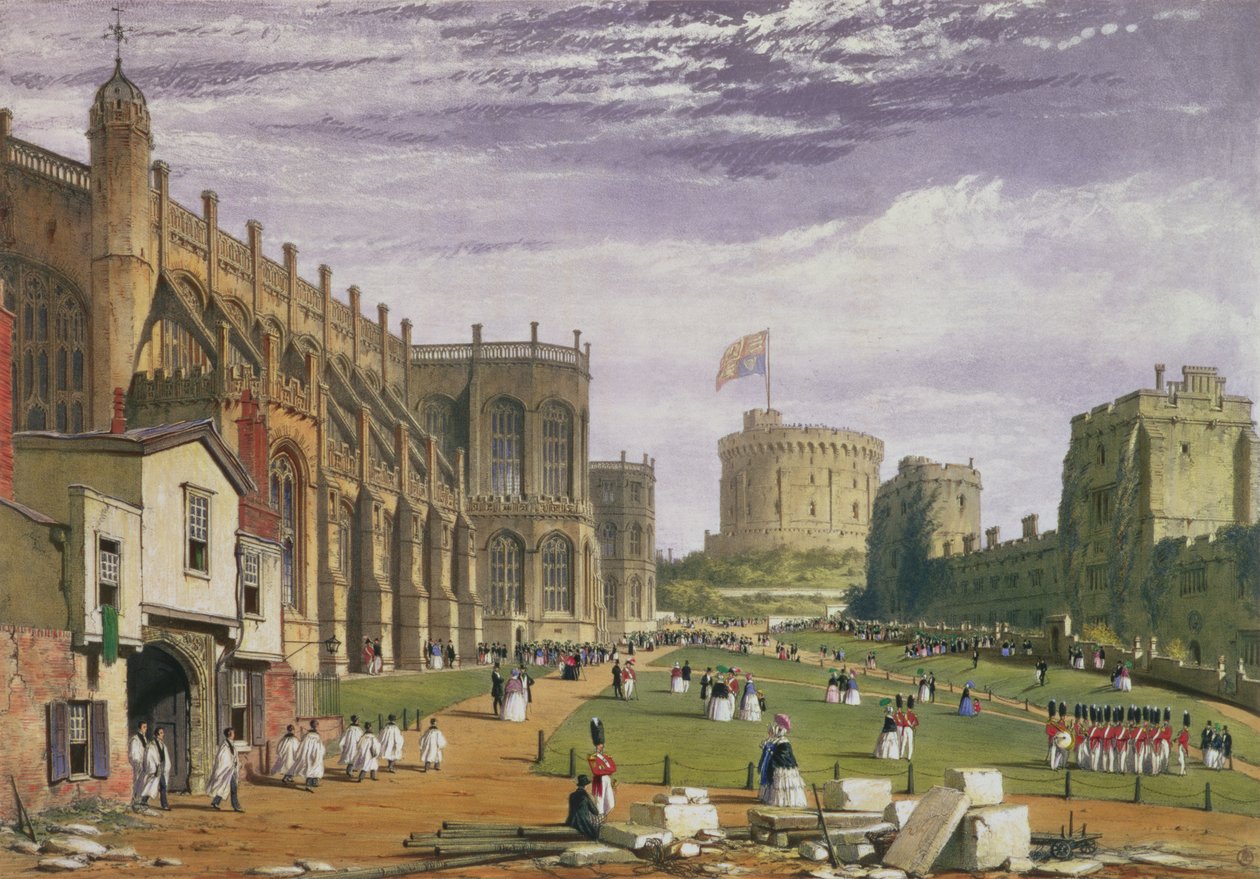 Alaosasto, josta on näkymät Pyhän Yrjön kappelille ja pyöreälle tornille, Windsorin linna, 1838 tekijältä James Baker Pyne