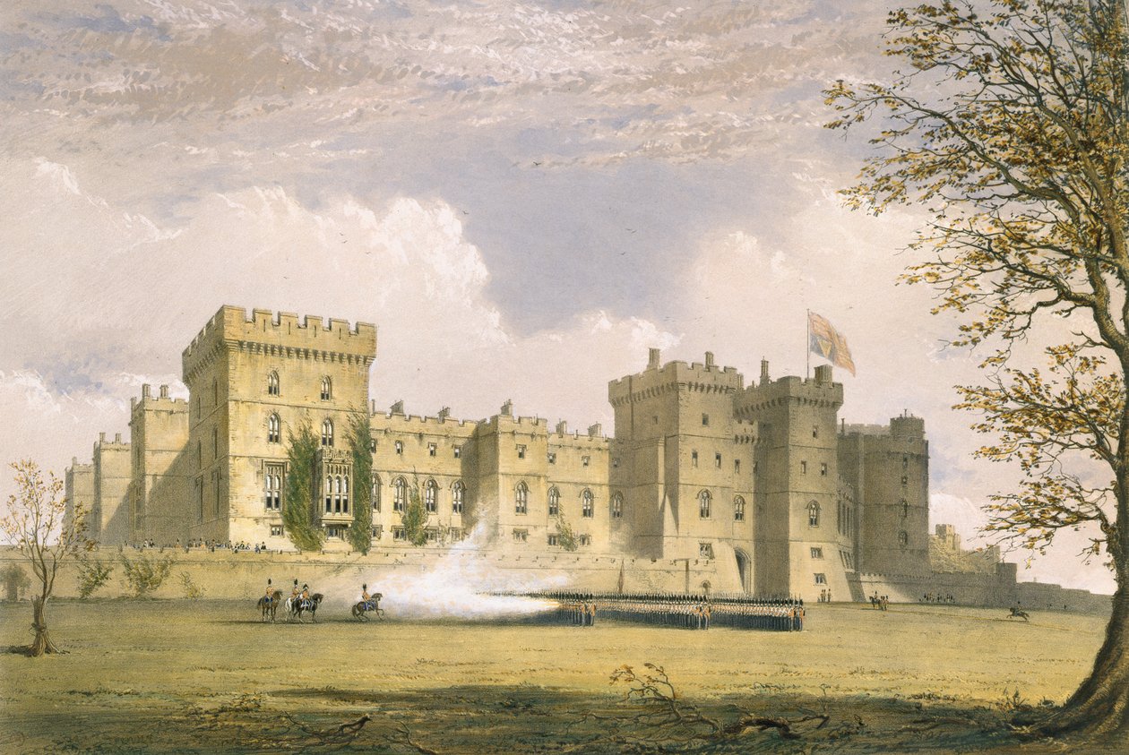 Kaakkoisnäkymä Windsorin linnasta "Windsorista ja sen ympäristöstä", 1838 (chromolitho) tekijältä James Baker Pyne