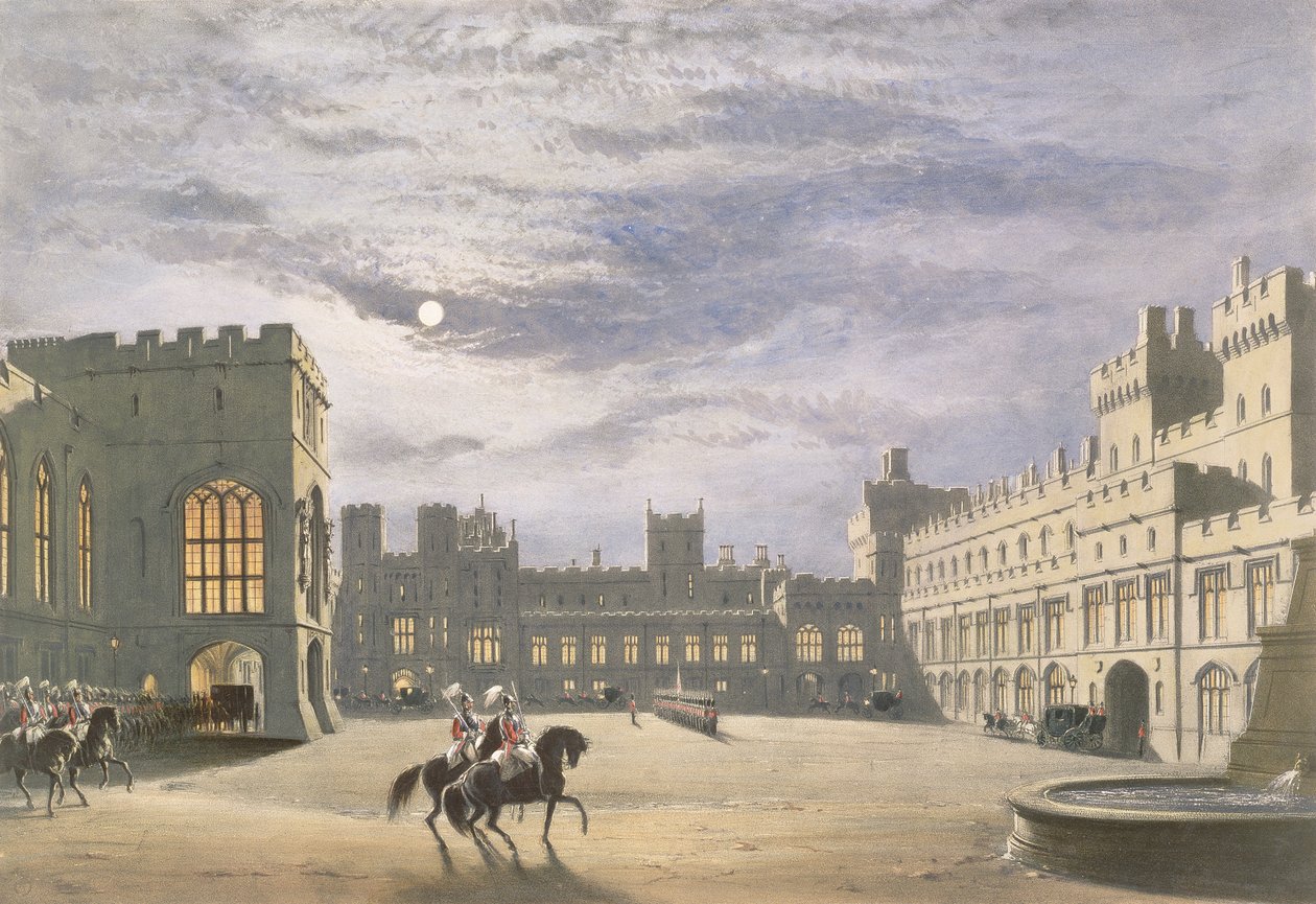 Kuninkaallisen vierailijan saapuminen valtioon, nelikulmio kuunvalossa, Windsorin linna, 1838 tekijältä James Baker Pyne
