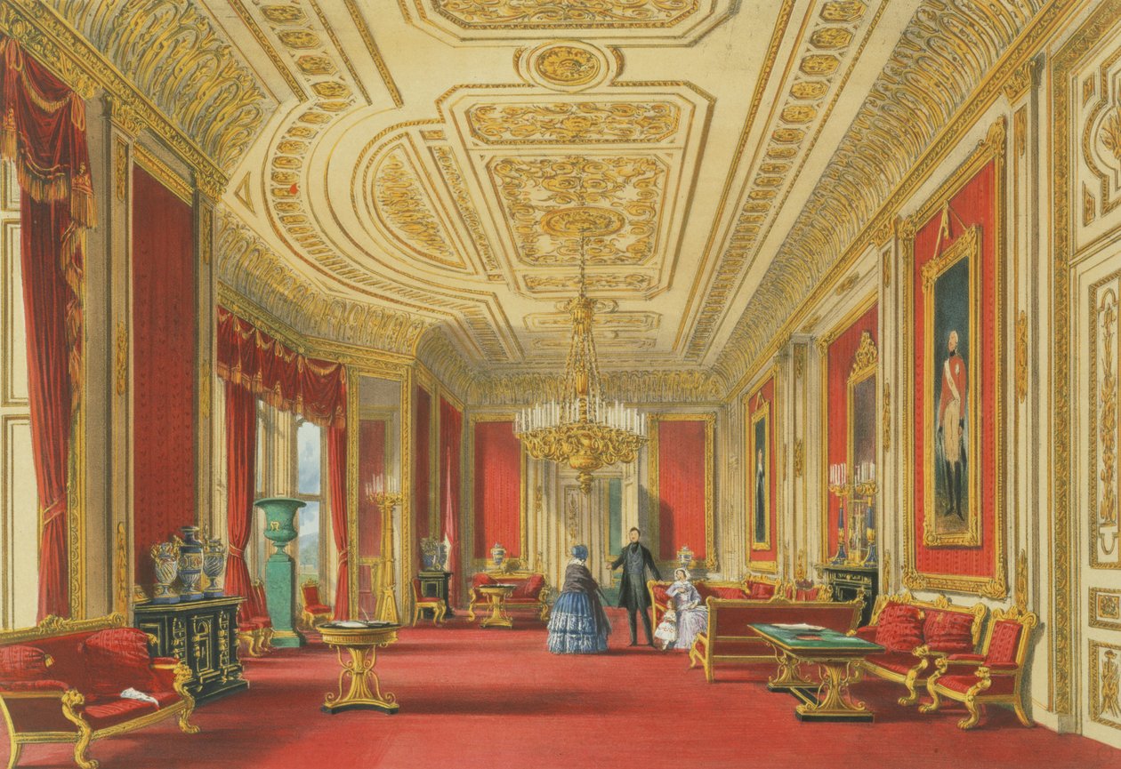 The Crimson Drawing Room, Windsorin linna, 1838 (chromolitho) tekijältä James Baker Pyne