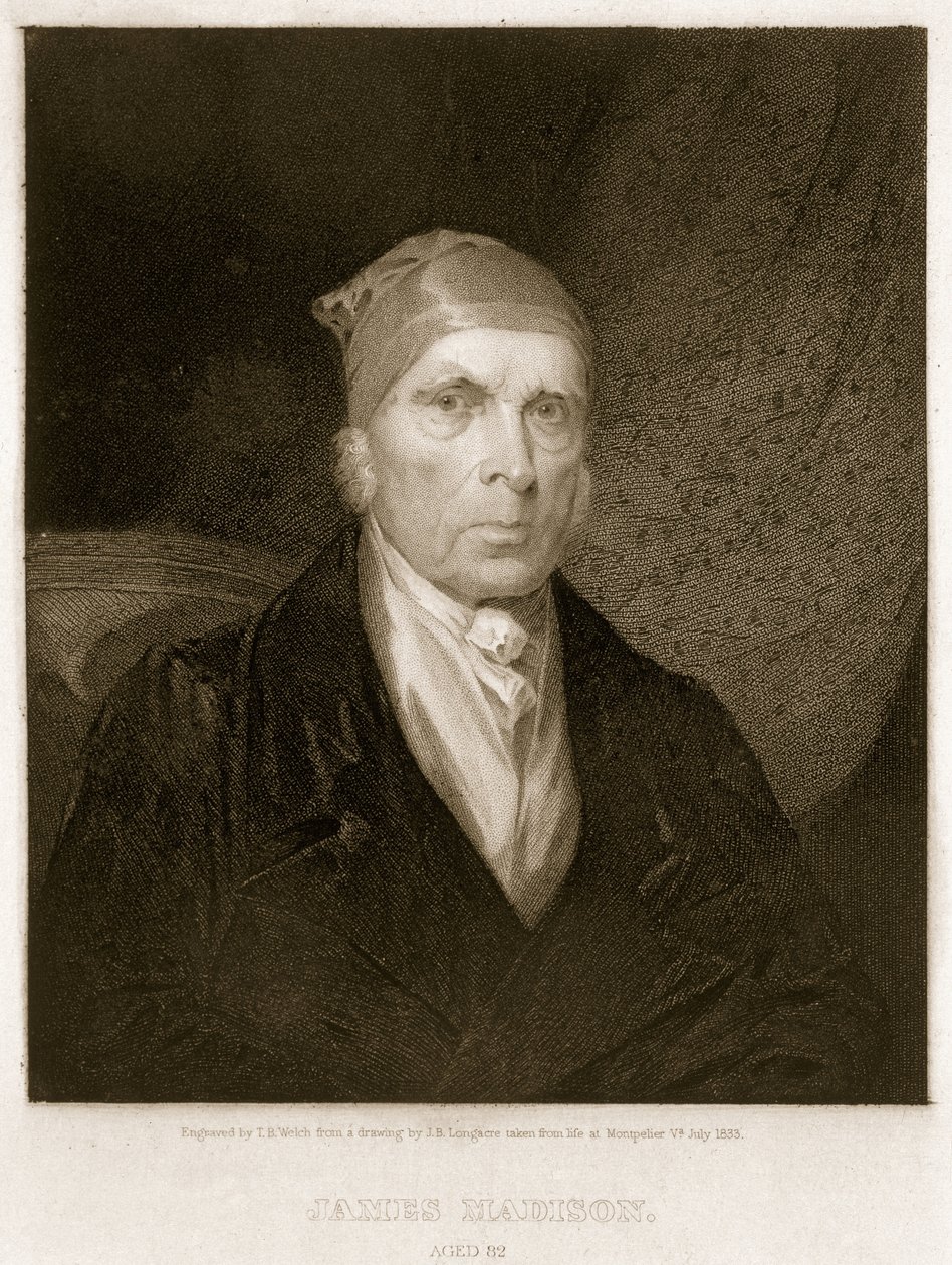 James Madison 82-vuotias, kaiverrus Thomas B. Welch (1814-74) tekijältä James Barton Longacre