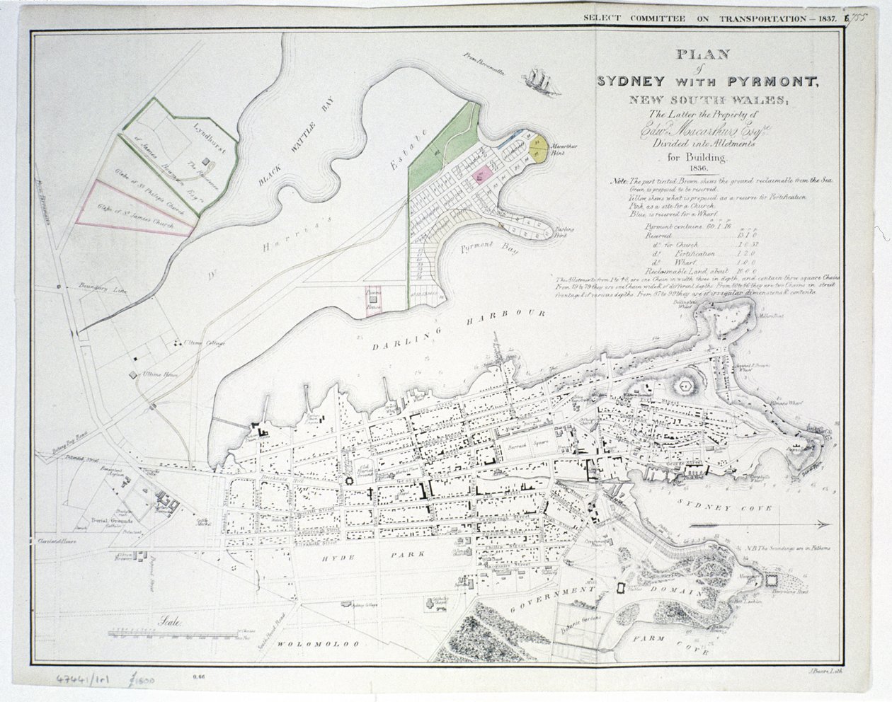 Sydneyn suunnitelma Pyrmontin kanssa Uudessa Etelä-Walesissa, jälkimmäinen Edward Macarthure Esquiren omaisuus jaettuna rakennusalueisiin, 1836, julkaisija James und Luke G. Hansard und Sons, Lontoo, 1837 tekijältä James Basire