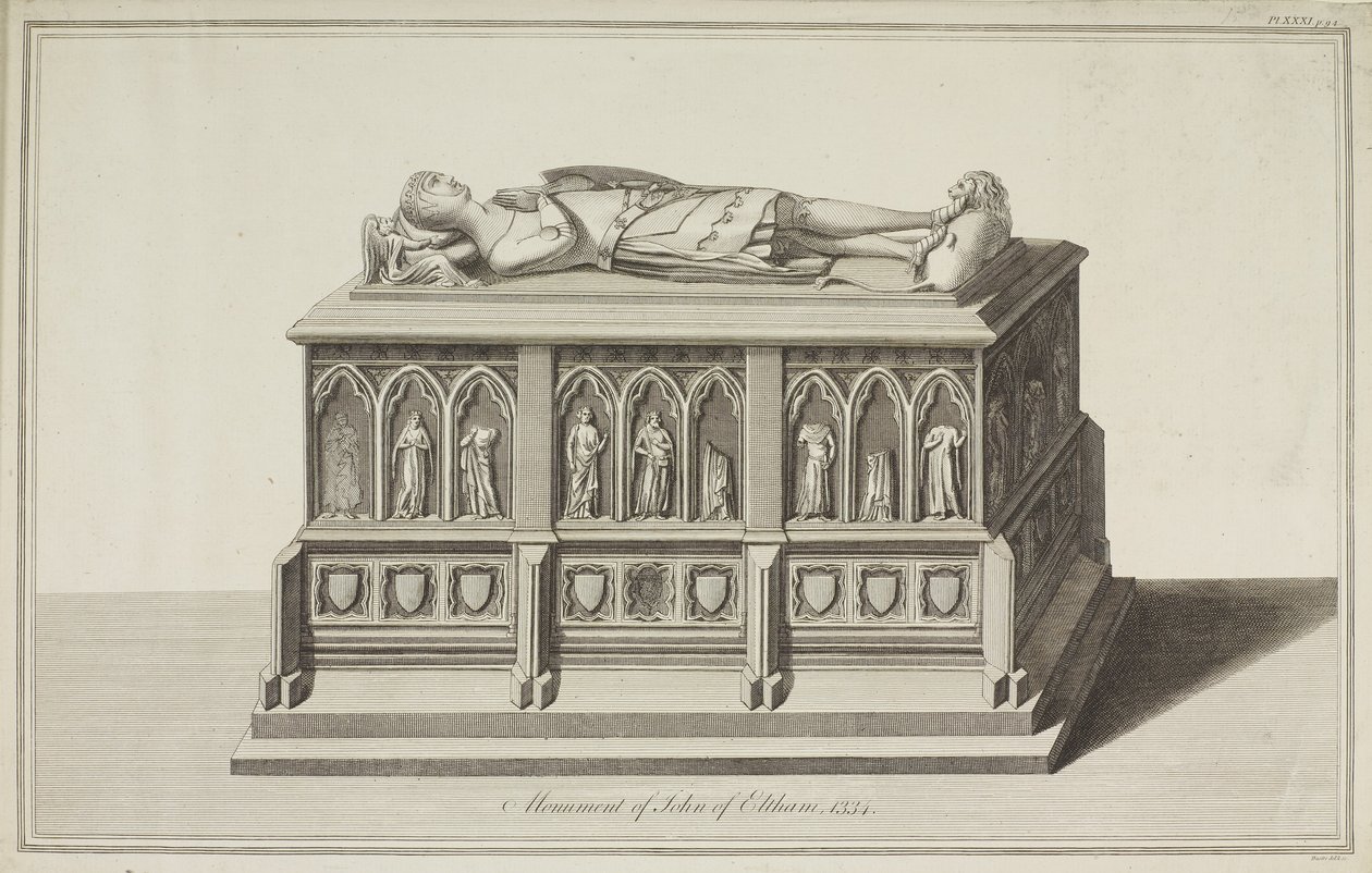 Näkymä Cornwallin jaarlin John of Elthamin muistomerkistä Westminster Abbeyssa, noin 1750. tekijältä James Basire