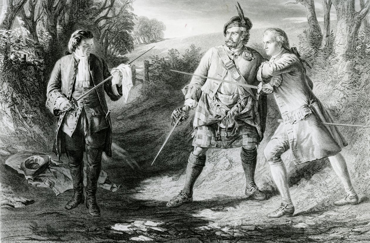 Rob Roy Parting kaksintaistelijat Rashleigh ja Francis Osbaldistone, kaiverrus John Le Conte (fl.1850-86) 1867 tekijältä James Blake McDonald