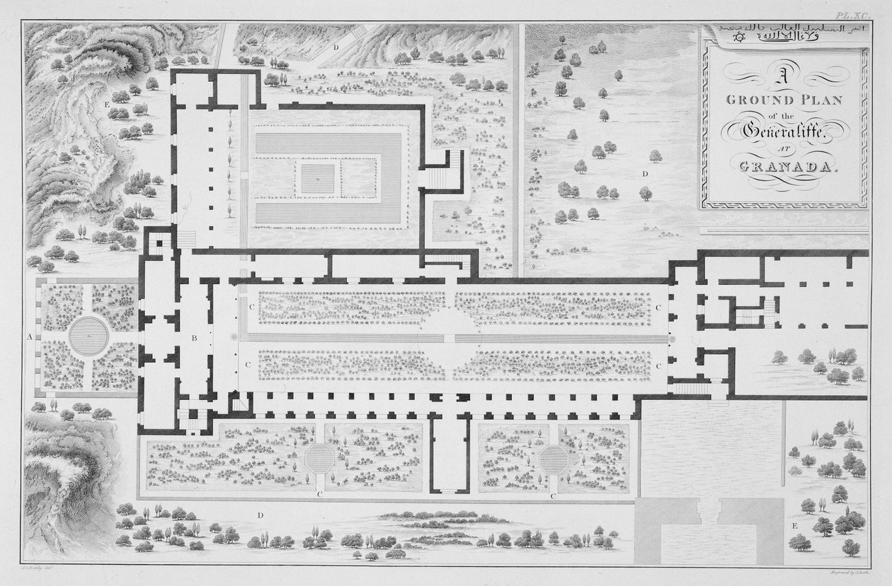 Granadan Generalifen puutarhojen pohjasuunnitelma julkaisusta "The Arabian Antiquities of Spain", kaivertanut John Roffe (1769-1850), julkaistu 1815 tekijältä James Cavanagh Murphy