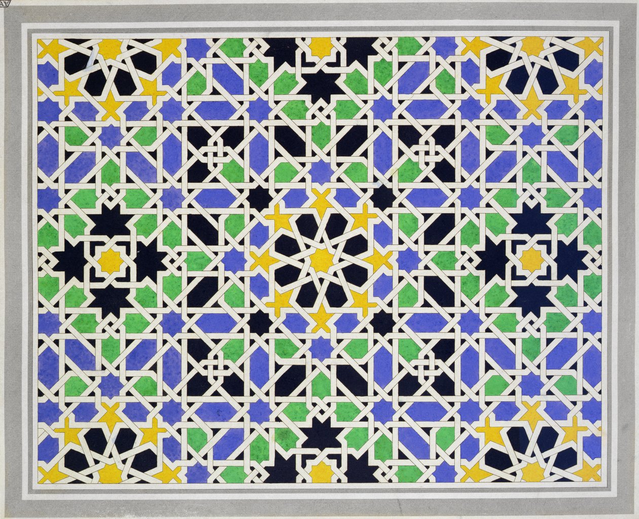 Mosaiikki kahden sisaren, Alhambran aulan oven dadossa julkaisusta "The Arabian Antiquities of Spain", julkaistu 1815 tekijältä James Cavanagh Murphy