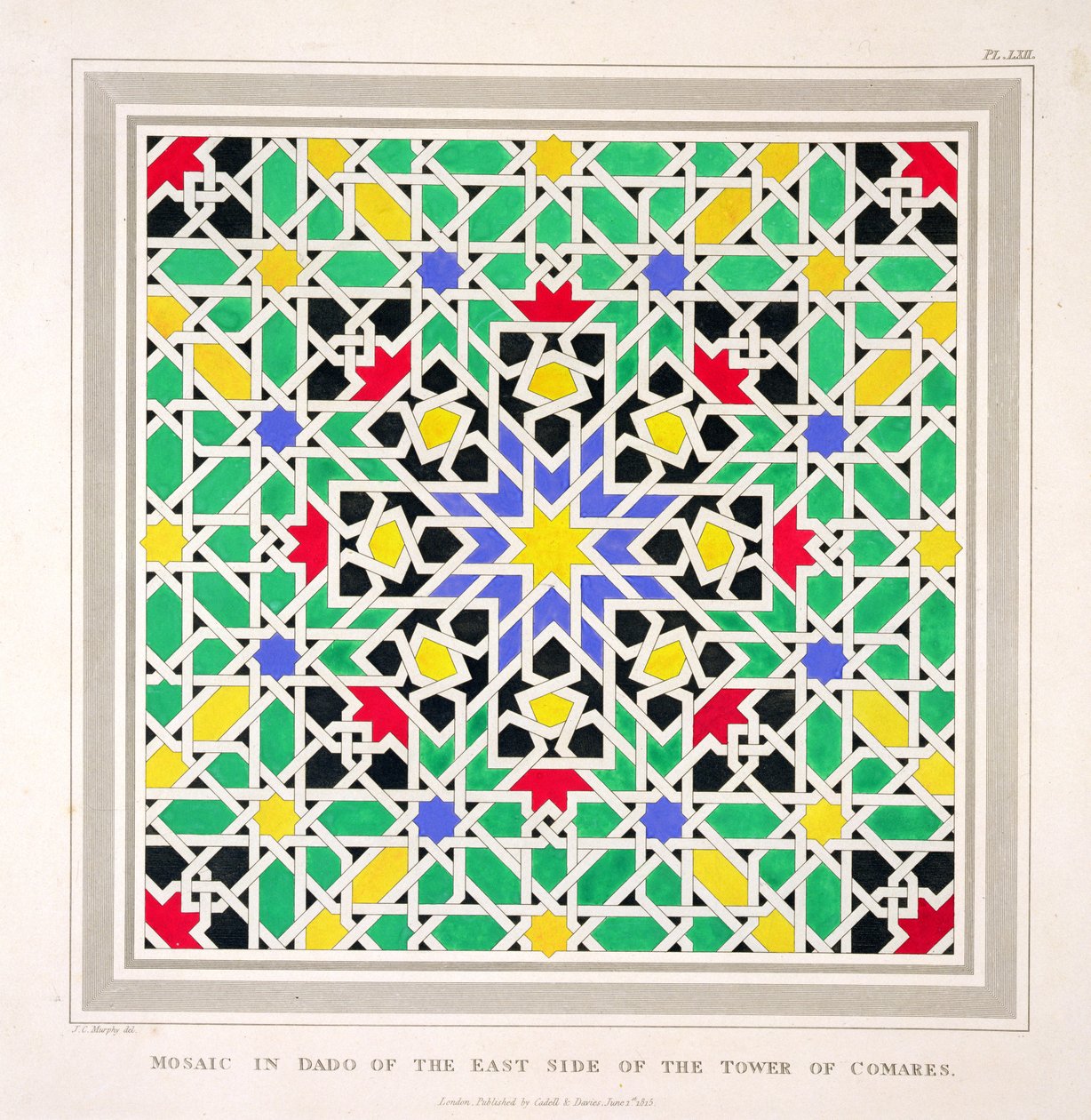 Mosaiikki dadossa Comaresin tornin itäpuolella Alhambrassa julkaisusta "The Arabian Antiquities of Spain", julkaistu 1815 tekijältä James Cavanagh Murphy
