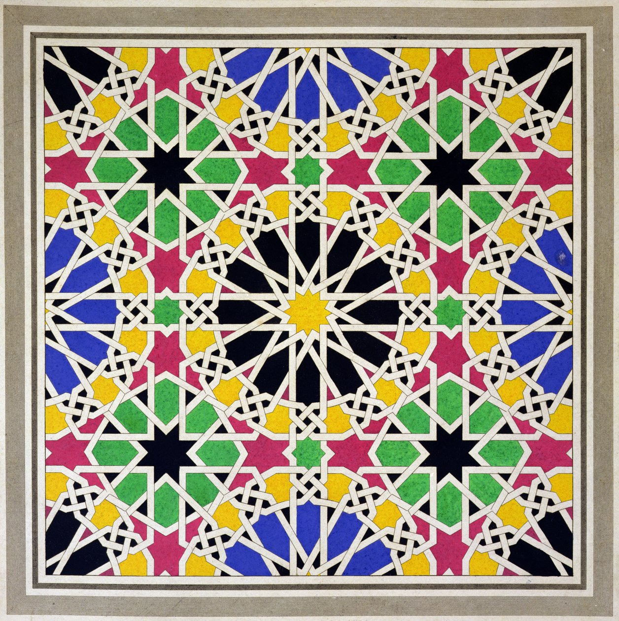 Mosaiikkikoristeet Alhambran leijonien tuomioistuimen eteläpuolella julkaisusta "The Arabian Antiquities of Spain", julkaistu 1815 tekijältä James Cavanagh Murphy