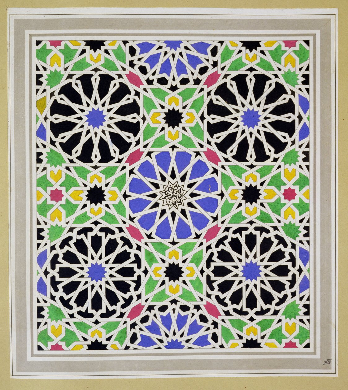 Mosaiikkipäällyste Alhambran sultanan pukuhuoneessa julkaisusta "The Arabian Antiquities of Spain", julkaistu 1815 tekijältä James Cavanagh Murphy