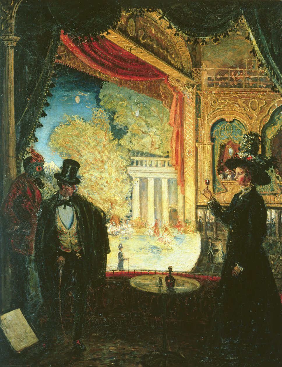 Kohtaus teatterissa: Esitys katsottuna aitiosta, jossa seisoo kolme hahmoa, 1908. tekijältä James Dickson Innes