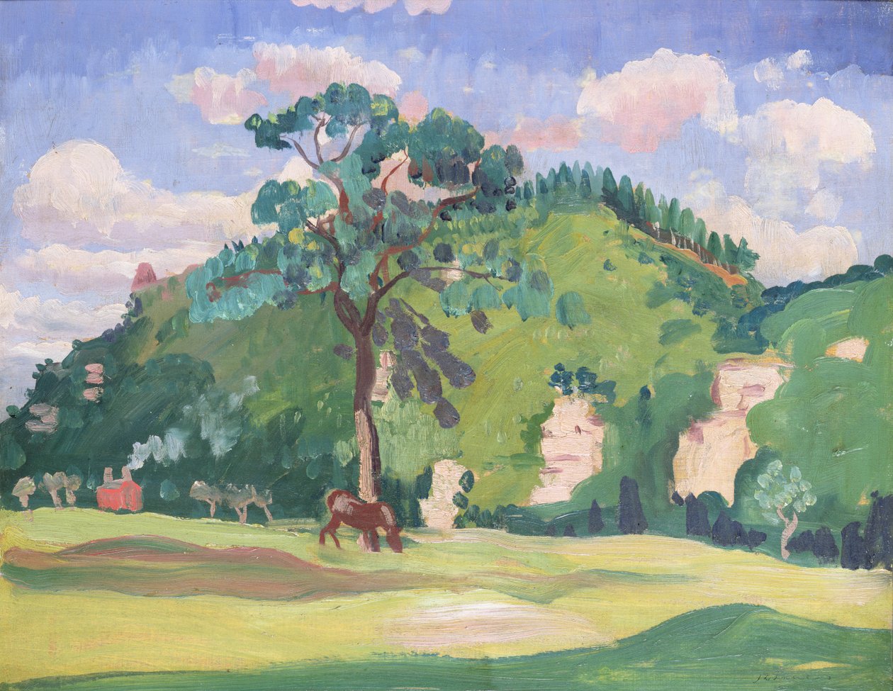 Maisema laiduntavan hevosen kanssa, 1912-13 tekijältä James Dickson Innes