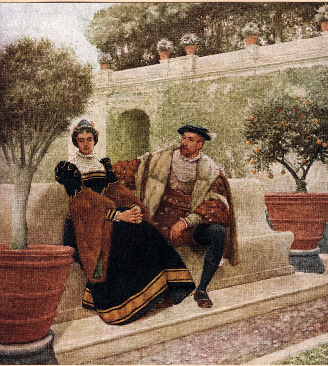 Lorenzo ja Jessica, kuvitus teoksesta "The Merchant of Venice", n. 1910 tekijältä James Dromgole Linton