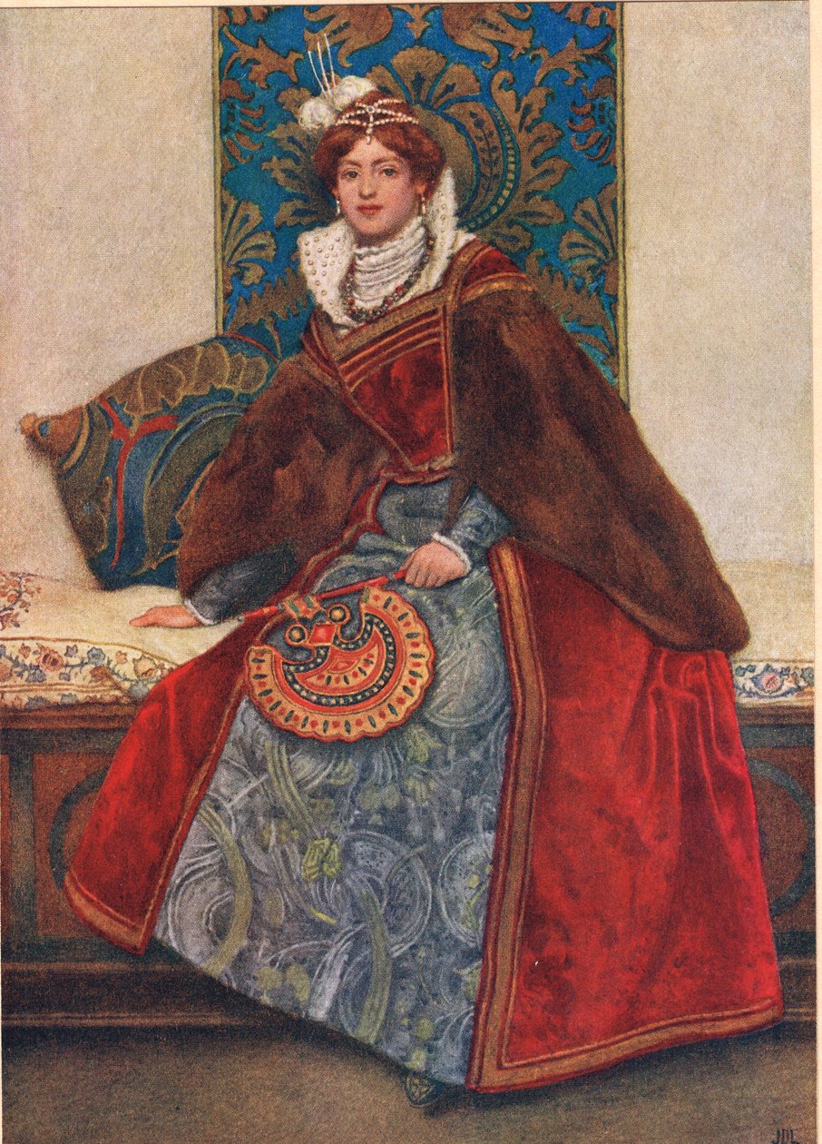 Portia, kuvitus teoksesta "Venetsialainen kauppias", n. 1910 tekijältä James Dromgole Linton