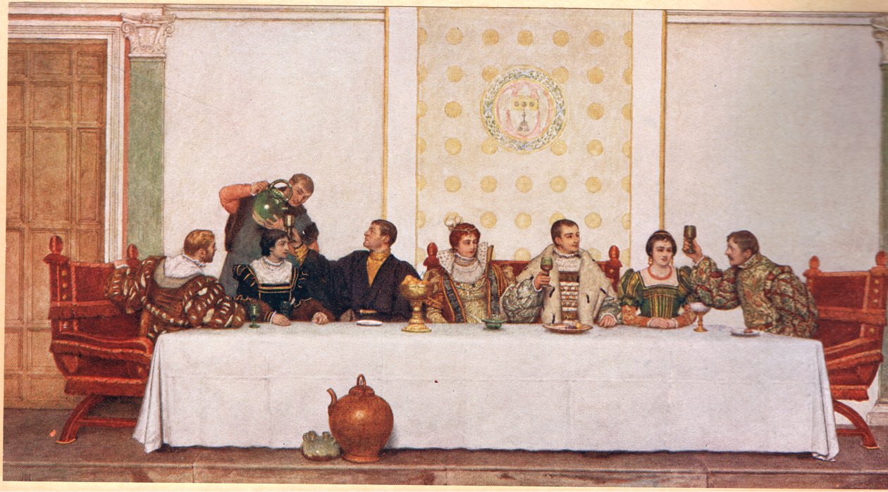 Hääjuhla, kuvitus teoksesta "Venetsialainen kauppias", n. 1910 tekijältä James Dromgole Linton