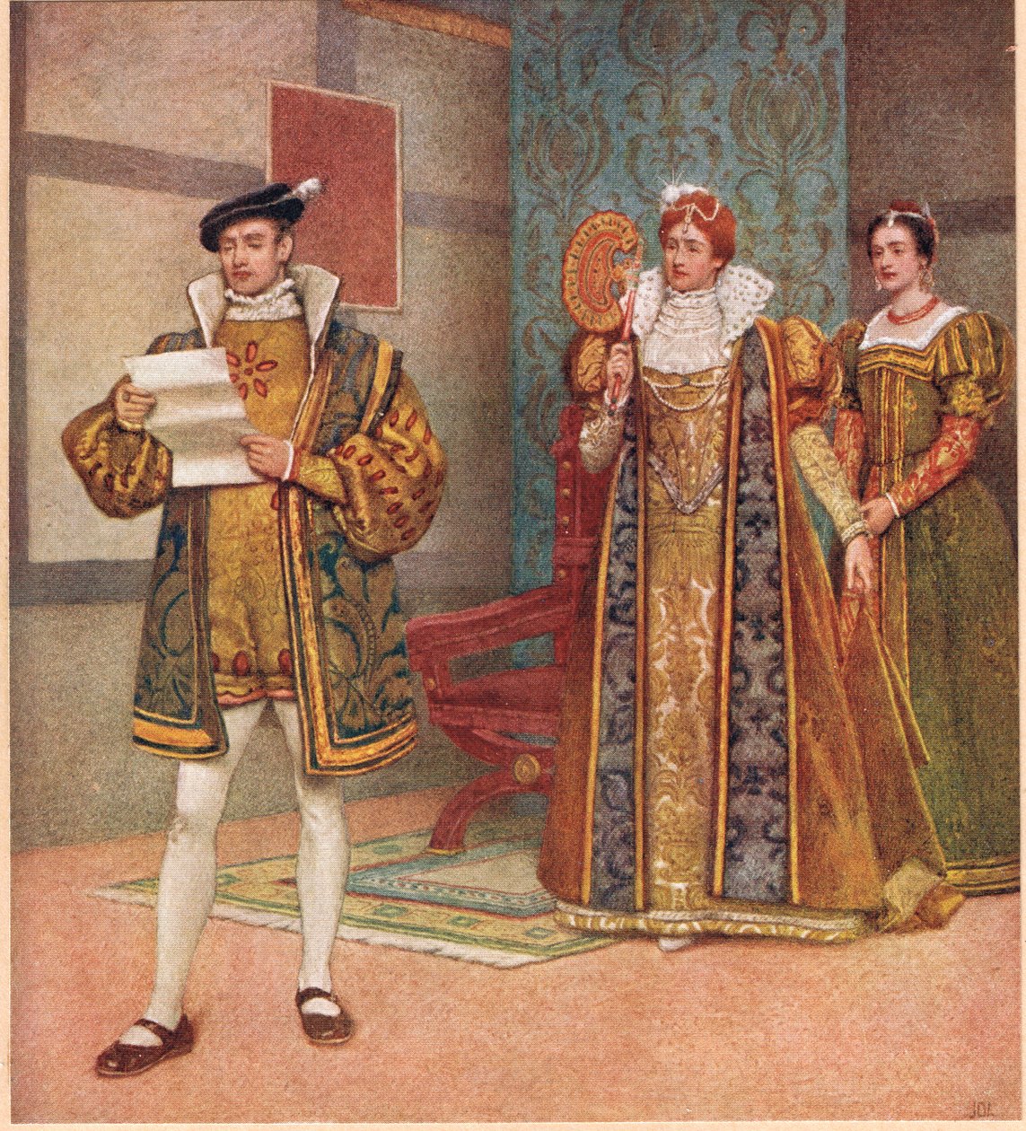 "He ovat ovela sisältöä samassa paperissasi", kuvitus teoksesta "The Merchant of Venice", n. 1910 tekijältä James Dromgole Linton