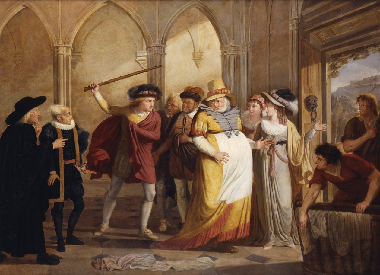 Falstaff valepuvussa, jota johtaa Mrs Page, näytös 4 kohtaus 2, Windsorin iloiset vaimot, William Shakespeare (1564-1616) n. 1805 tekijältä James Durno