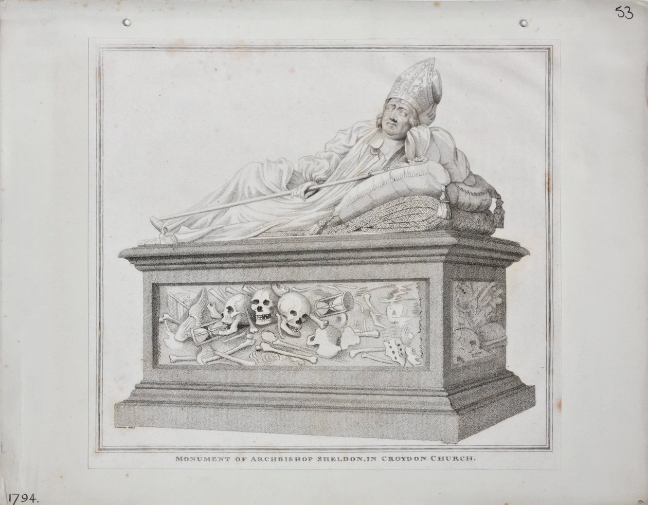 Arkkipiispa Sheldonin muistomerkki Croydonin kirkossa, 1794 tekijältä James Edwin Cooper