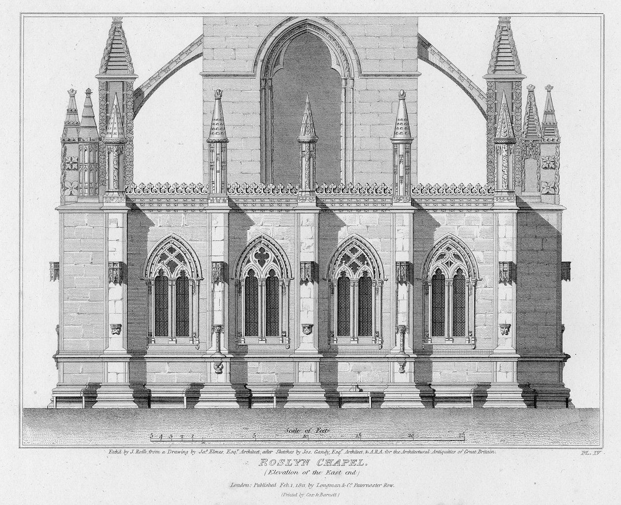 Roslynin kappeli, itäpään kohouma, J. Roffen kaiverrus, 1811 tekijältä James Elmes