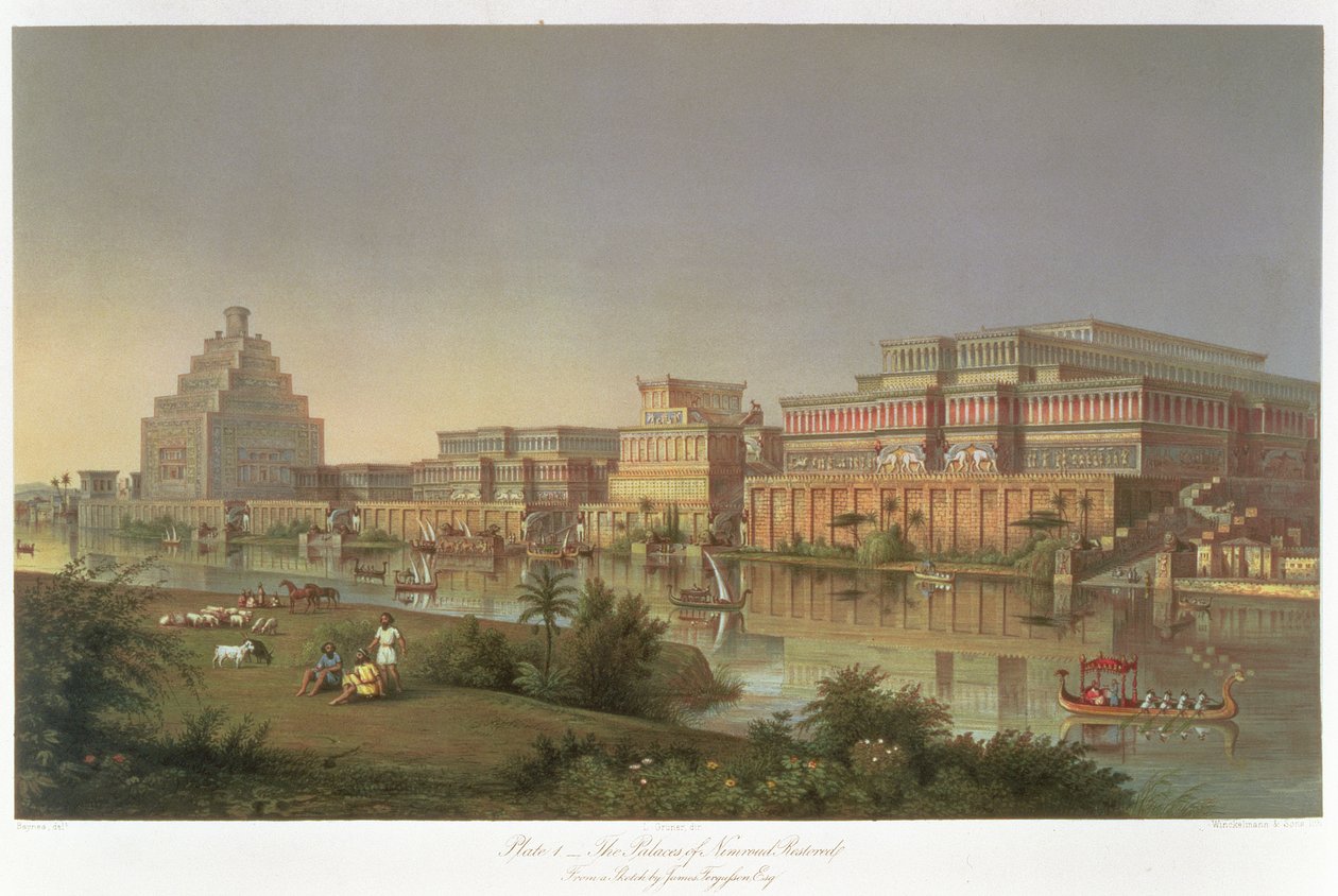 Kunnostetut Nimrudin palatsit, Austen Henry Layardin (1817-94) löytöistä Niniven ja Babylonin raunioista tehdyistä Ashurbanipalin rakentamista palatseista Tigris-joen rannoille. tekijältä James Fergusson