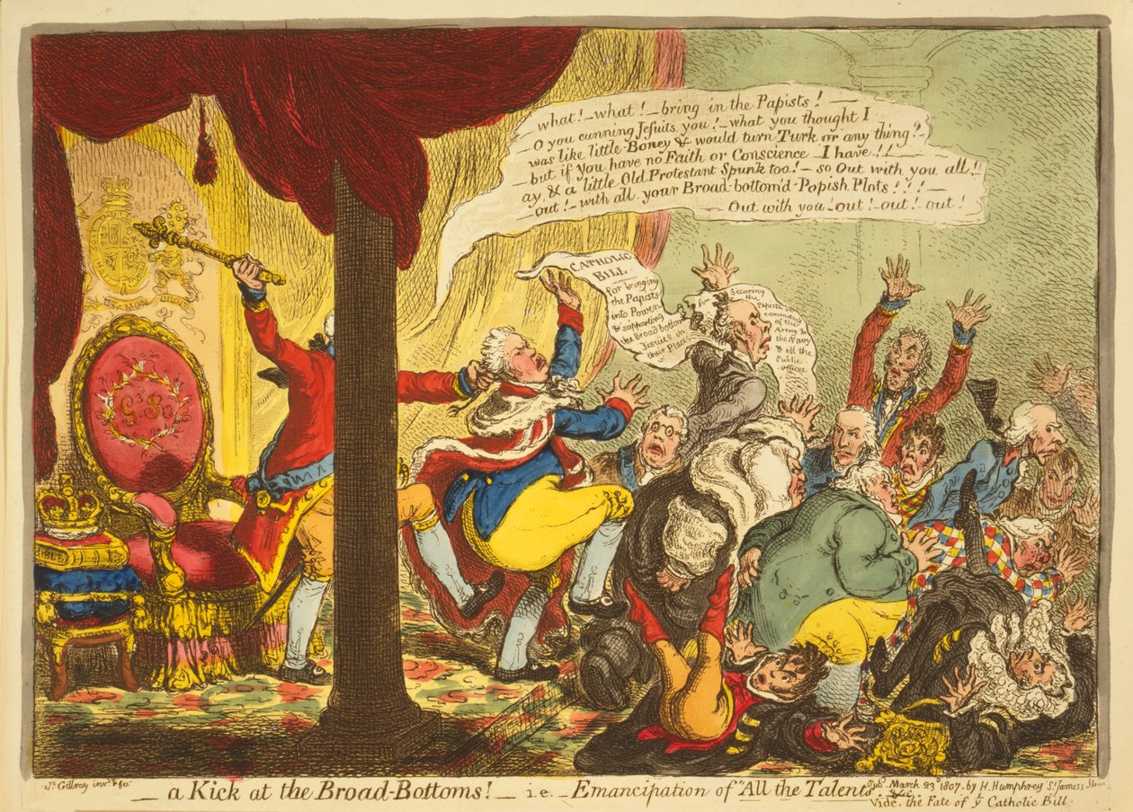 Potku leveille pohjille eli kaikkien lahjakkuuksien vapauttaminen, pub. 1807 (käsin väritetty kaiverrus). tekijältä James Gillray