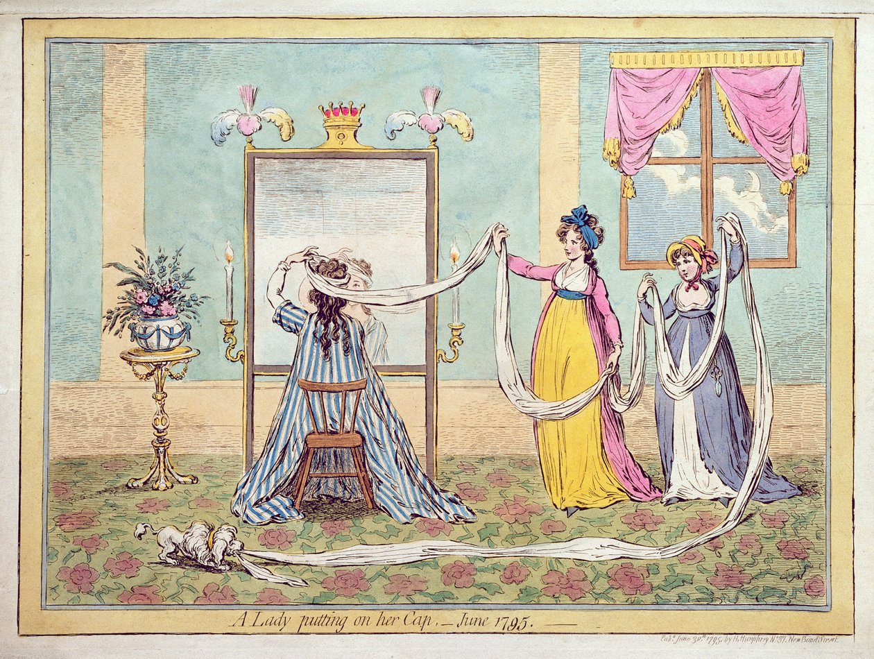 Lady pukemassa lippiään, julkaistu vuonna 1795 (käsinvärinen etsaus) tekijältä James Gillray