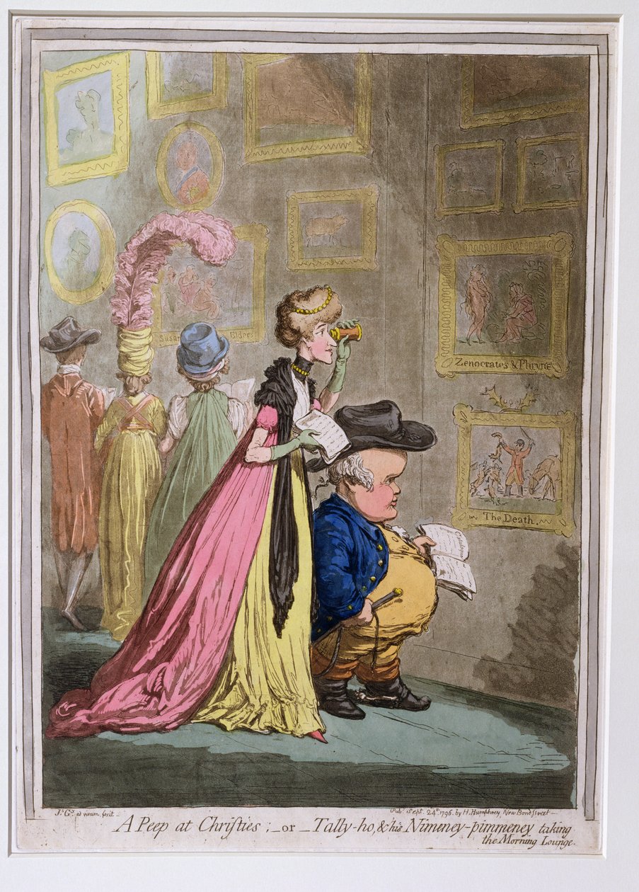 A Peep at Christies tai Tally-ho ja hänen Nimeney-pimmeney Taking the Morning Lounge, Hannah Humphreyn vuonna 1796 julkaisema (etsaus, kaiverrus, akvatinta ja wc paperilla) tekijältä James Gillray