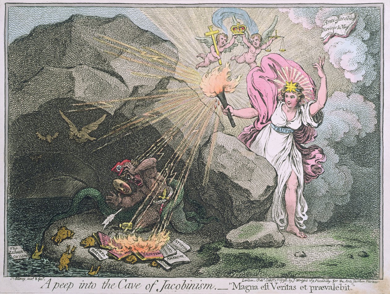 Kurkistus jakobinismin luolaan eli Magna est Veritas et praevalebit, Hannah Humphreyn vuonna 1798 julkaisema (käsinvärinen etsaus) tekijältä James Gillray