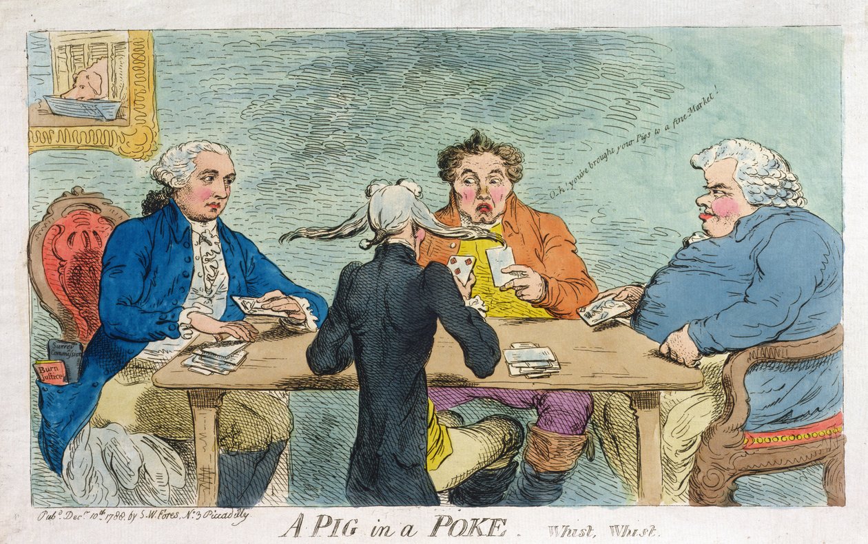A Pig in a Poke, julkaisija S.W. Fores vuonna 1788 (käsinvärinen etsaus) tekijältä James Gillray