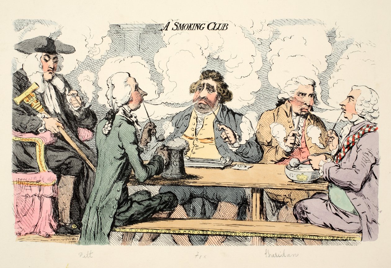 A Smoking Club, pub. 1793 (käsin väritetty kaiverrus) tekijältä James Gillray
