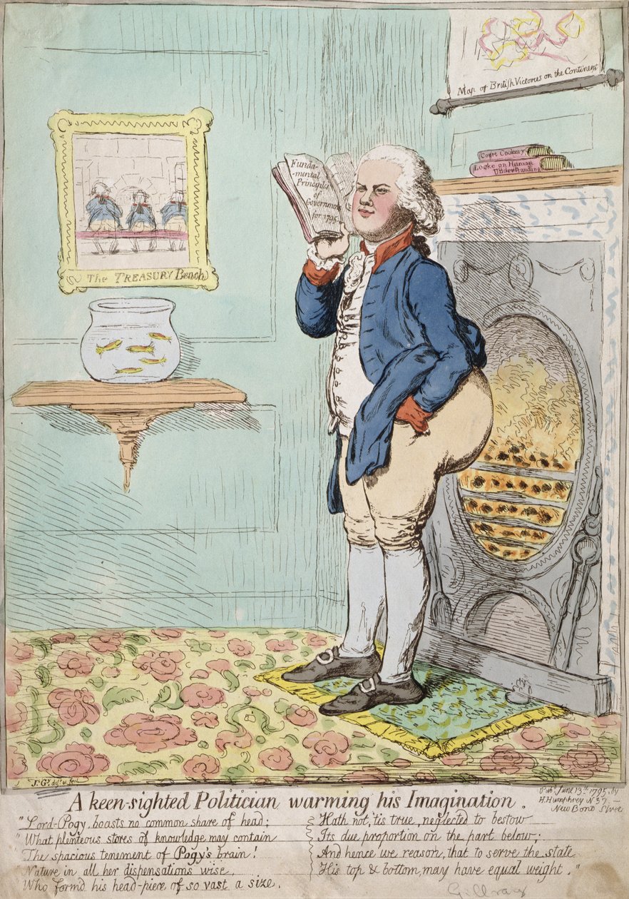 Tarkkanäköinen poliitikko lämmittelemässä mielikuvitustaan, julkaissut Hannah Humphrey vuonna 1795 (käsinvärinen etsaus) tekijältä James Gillray