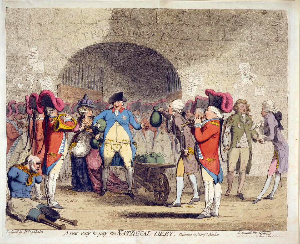 Uusi tapa maksaa valtionvelka, pub. 21. huhtikuuta 1786 (käsin väritetty kaiverrus). tekijältä James Gillray