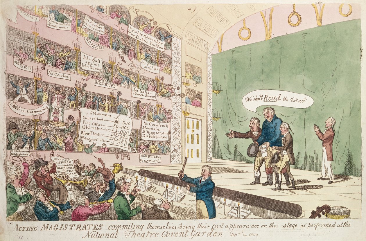 Toimivia tuomarit sitoutuvat olemaan heidän ensimmäinen esiintymisensä National Theatre Covent Gardenissa Lontoossa, 1809 (värikaiverrus) tekijältä James Gillray