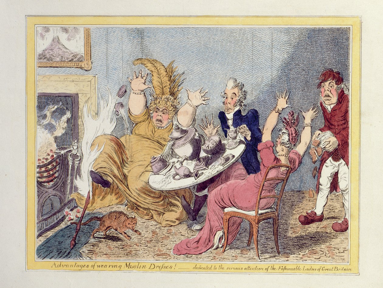Musliinimekkojen käytön edut! Omistettu Ison-Britannian muodikkaiden naisten vakavalle huomiolle, pubi. John Miller ja W. Blackwood tekijältä James Gillray