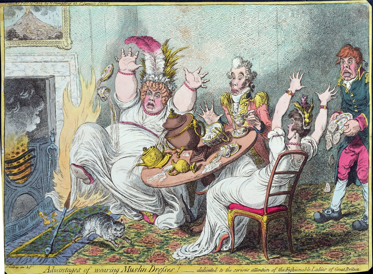 Musliinimekkojen käytön edut! omistettu Ison-Britannian muodikkaiden naisten vakavalle huomiolle, julkaisija Hannah Humphrey, 1802 (käsinvärinen kaiverrus) tekijältä James Gillray