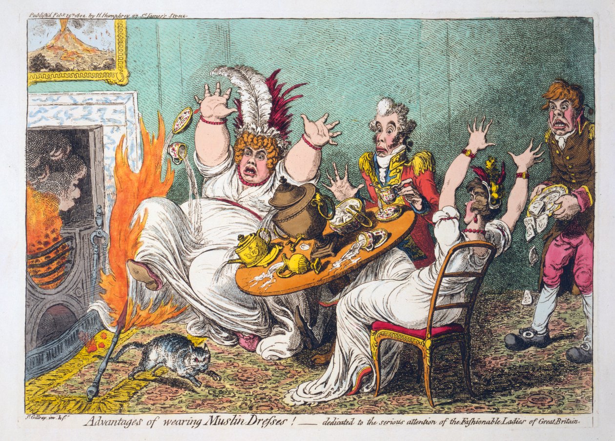 Advantages of wearing Muslin Mekot! omistettu vakavaan huomiota muodikas naiset Ison-Britannian, pub. 1802 (käsin väritetty kaiverrus). tekijältä James Gillray