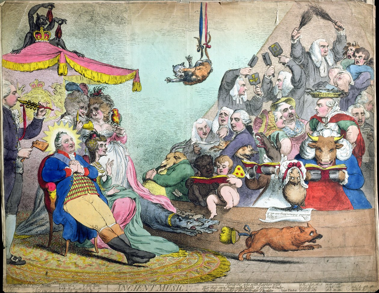 Muinaista musiikkia, julkaisija S.W. Fores vuonna 1787 (käsinvärinen etsaus) tekijältä James Gillray