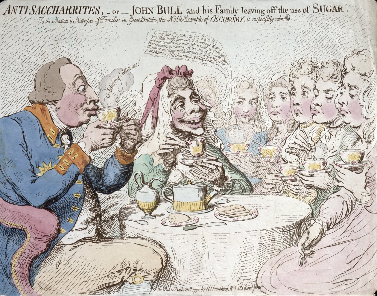 Anti-Saccharites, or John Bull and his Family leaving off the use of Sugar, julkaissut Hannah Humphrey vuonna 1792 (käsin väritetty etsaus). tekijältä James Gillray
