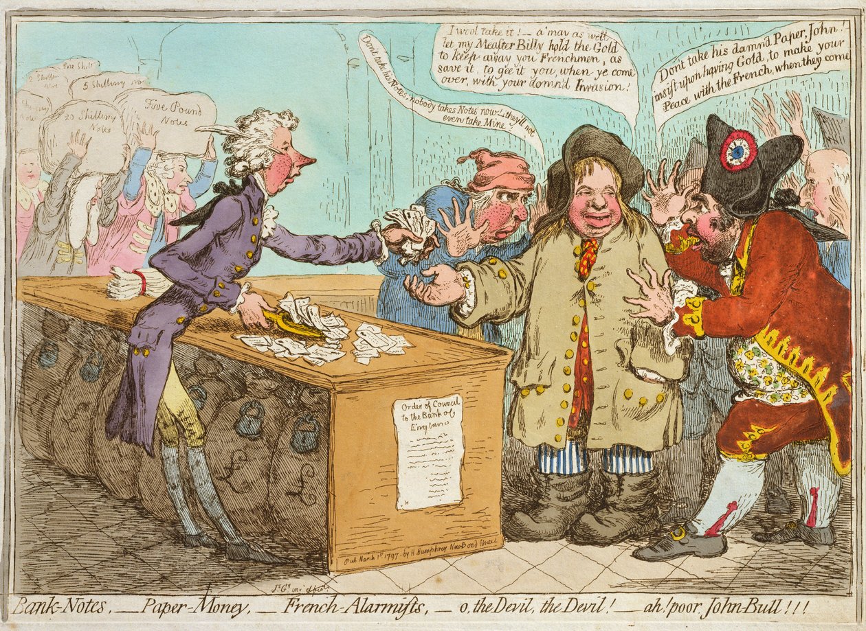 Setelit - paperiraha - ranskalaiset pelonlietsojat - ah! John Bull -parka! julkaisi Hannah Humphrey vuonna 1797 (käsin väritetty etsaus). tekijältä James Gillray
