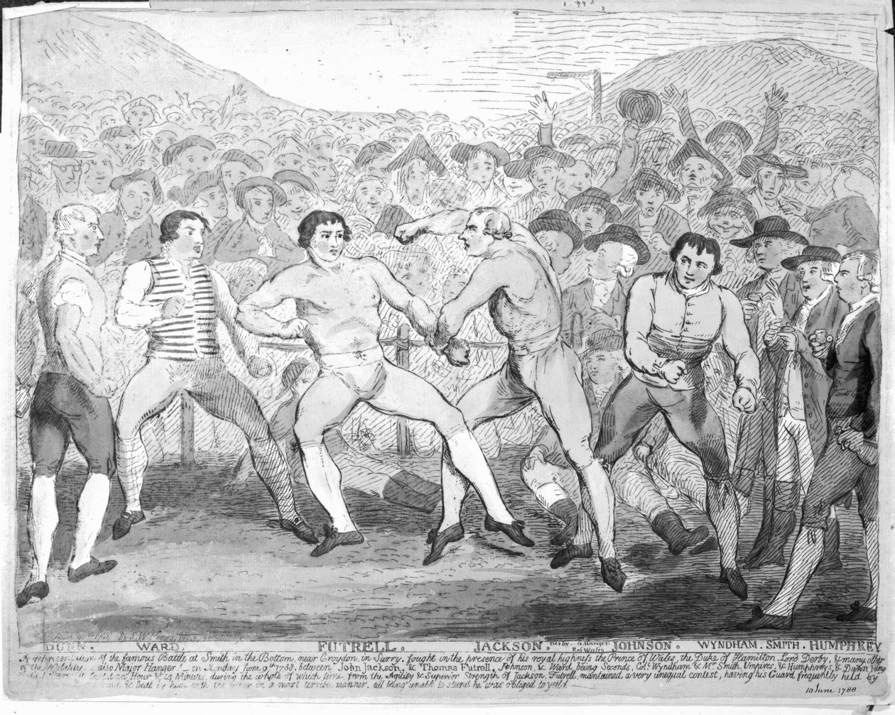 Thomas Futrellin ja John Jacksonin nyrkkeilyottelu 9. kesäkuuta 1788 tekijältä James Gillray