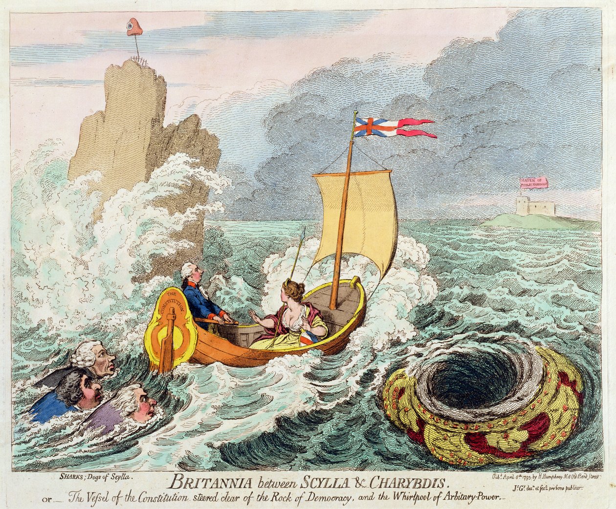 Hannah Humphreyn vuonna 1793 julkaisema teos Britannia Between Scylla und Charybdis, eli Perustuslaki-astia, joka ohjattiin pois demokratian kalliosta ja mielivaltaisen vallan pyörteestä, julkaisi Hannah Humphrey vuonna 1793 (käsinvärinen jne tekijältä James Gillray